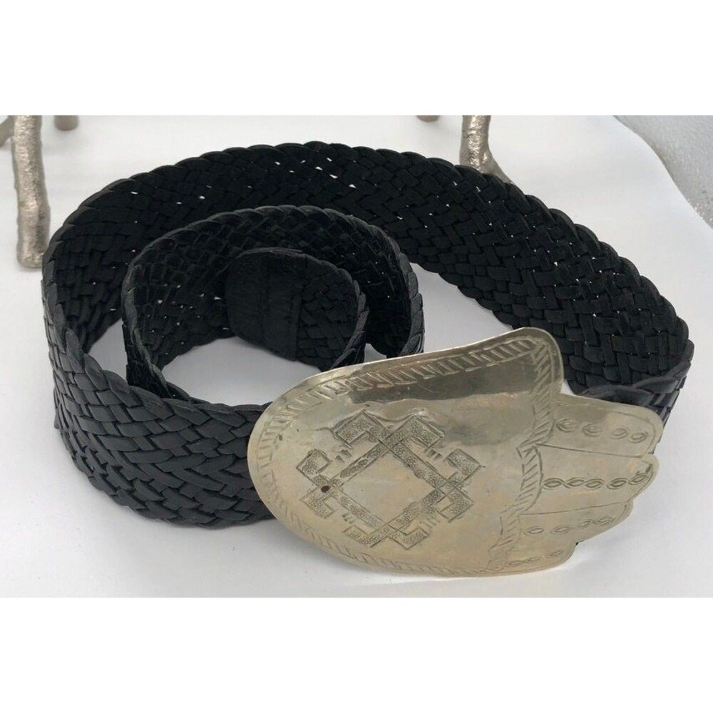 BELT Unique Black Braided Leather Silver Embossed 4 1/4"Buckle Artisan Crafted